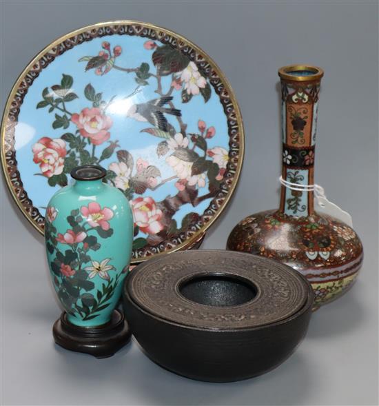 A group of Japanese cloisonne enamel: two vases and a dish, together with a cast iron koro dish diameter 15cm